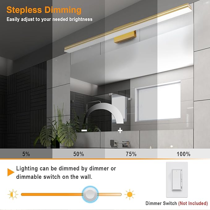 SineRise LED Modern Bathroom Vanity Light Fixtures (48-Inch, 3000K/4000K/6000K, Dimmable), Gold Modern Acrylic Bathroom Wall Lighting Fixtures Over Mirror