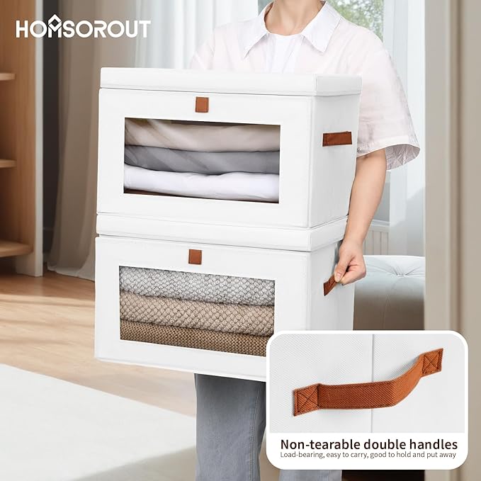 Large Clothing Storage Bins - Collapsible Boxes with Handles & Window, Decorative Organizer Bins with Lids, Fabric Containers for Living Room, Dorm, 2 Pack, White