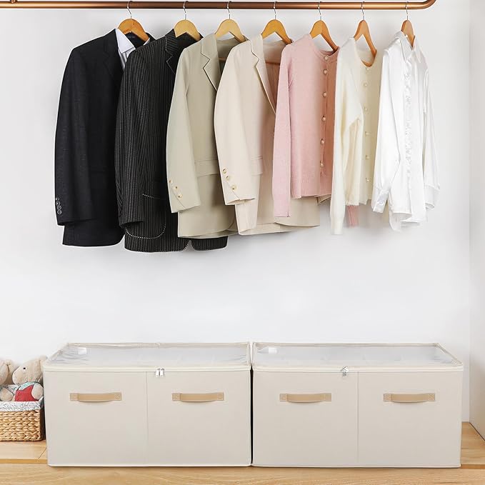 Shoe Organizer for Closet 2 Pack, Foldable Shoe Box with Adjustable Divider and Clear Cover, Space Saving Shoe Storage Organizer Cabinet with Reinforced Handles, Fits 40 Pair, Beige, TP11Y