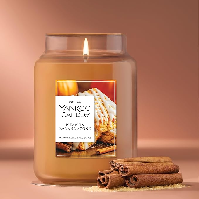 Yankee Candle Large Jar Scented Candle with up to 150 Hour Burn Time, Premium Plant Wax Blend for Consistent Burn, 22 oz Jar Candle with Room Filling Fragrance, Pumpkin Banana Scone