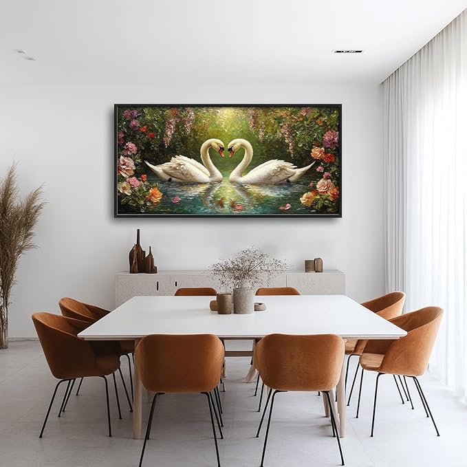 Swans Framed Wall Art for Living Room, Large Lake Loving Swans Canvas Wall Decor, Country Animal Pictures Painting, Natural Landscape Modern Artwork for Bathroom Bedroom 60L'' × 30W''