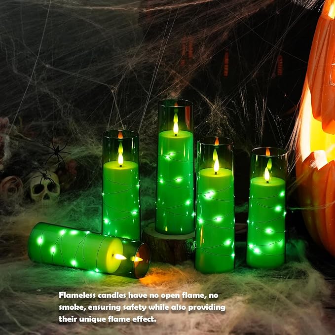Flameless Candles,with Embedded Star String, Battery Operated Candles Flickering LED Pillar Candles with Remote Control and Timer, Home Decoration Add a Warm and Romantic Atmosphere，Set of 7 (Green)