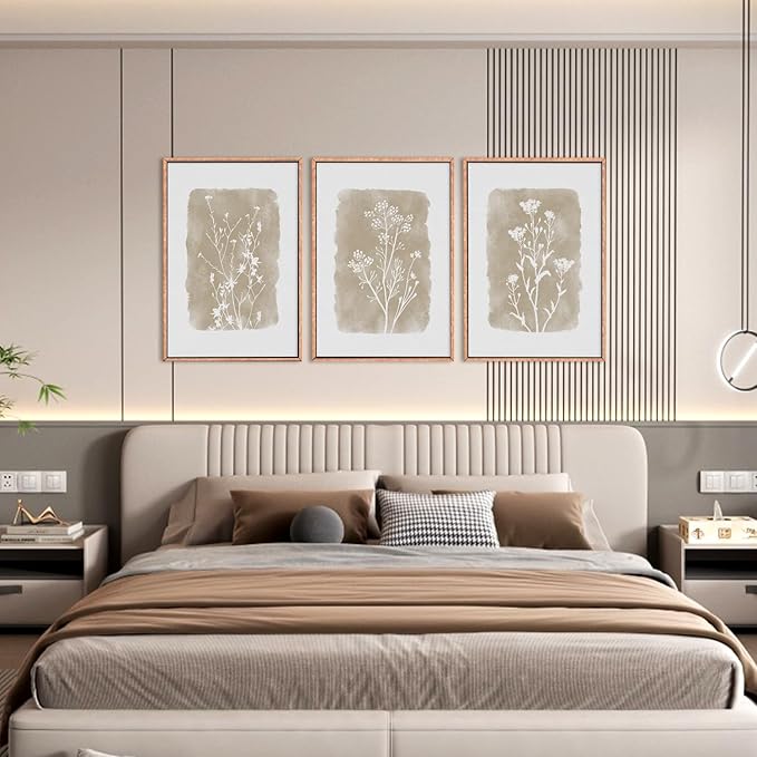 CHDITB Neutral Botanical Wall Art Set of 3, 24"x36" Large Framed Boho Farmhouse Wall Decor, Modern Minimalist Floral Wall Painting, Rustic Wildflower Canvas Art Prints for Living Room, Bedroom