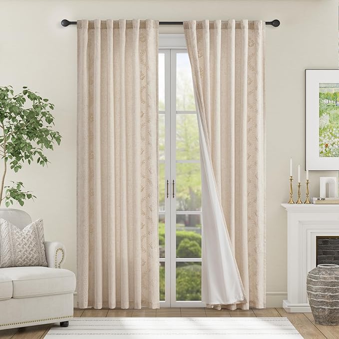 jinchan Belrose Lined Linen Blend Curtains Boho Floral Curtains for Bedroom 84 Inch Length Ivory Embroidered Drapes Rod Pocket Farmhouse Flower Drapes for Living Room Window Treatments Set 2 Panels