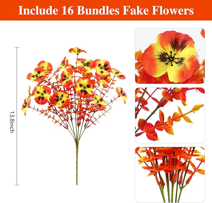 16 Bundles Artificial Fall Flowers for Outdoors, Realistic No Fade Fake Silk Flowers, Faux Fall Plants for Outside Planters, Porch, Patio, Garden Decor(Sunset)