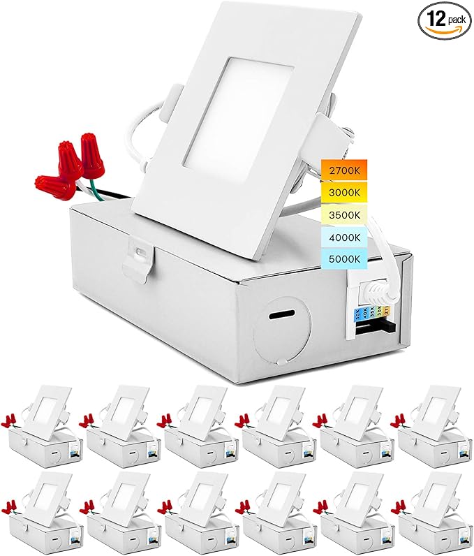 LUXRITE 12 Pack 3 Inch Square Ultra Thin LED Recessed Light with Junction Box, 8W, CCT Color Selectable 2700K | 3000K | 3500K | 4000K | 5000K, Dimmable Wafer Light, 540 Lumens, Energy Star, IC Rated