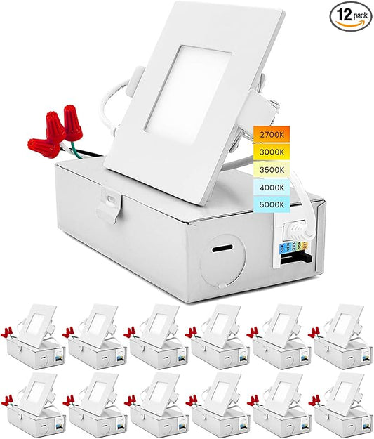 LUXRITE 12 Pack 3 Inch Square Ultra Thin LED Recessed Light with Junction Box, 8W, CCT Color Selectable 2700K | 3000K | 3500K | 4000K | 5000K, Dimmable Wafer Light, 540 Lumens, Energy Star, IC Rated