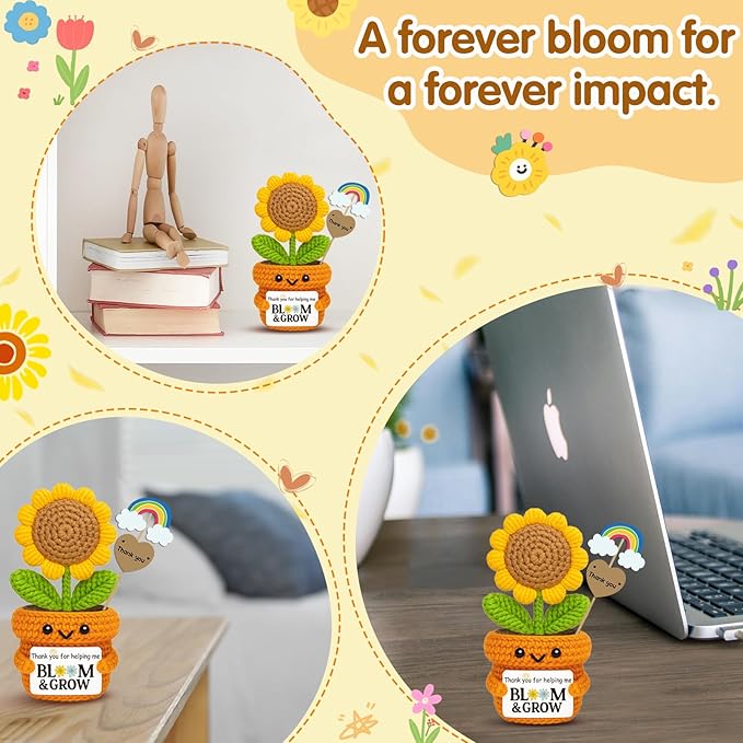 Crochet Sunflower Appreciation Gift “Thank You for Helping Me Bloom & Grow” Knitted Flowers Plush for Teacher, Principal, Mentor, Counselor, Farewell, Retirement, Thanksgiving, Christmas