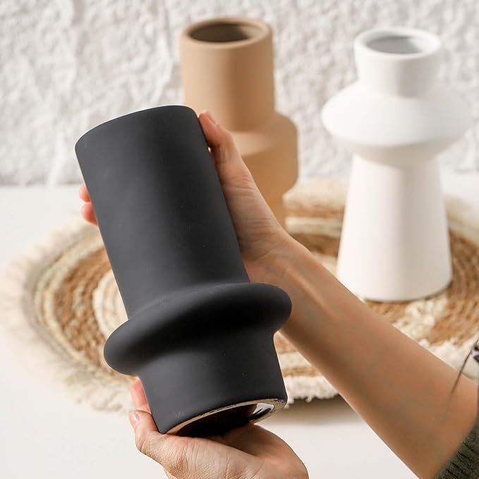 Modern Ceramic Vase Set of 3, 8 inch Simple Geometric Lines Vase for Pampas Grass Dried Fresh Flowers, Home Decor, Bedroom, Living Room, Bookshelf Decoration, Neutral Minimalist Nordic Style