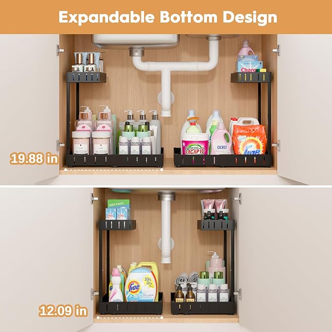 REALINN Under Sink Organizer, 2 Tier Expandable Under Cabinet Organizer, Heights Adjustable Pull Out Storage for Kitchen Bathroom Laundry, Black, 2 Pack