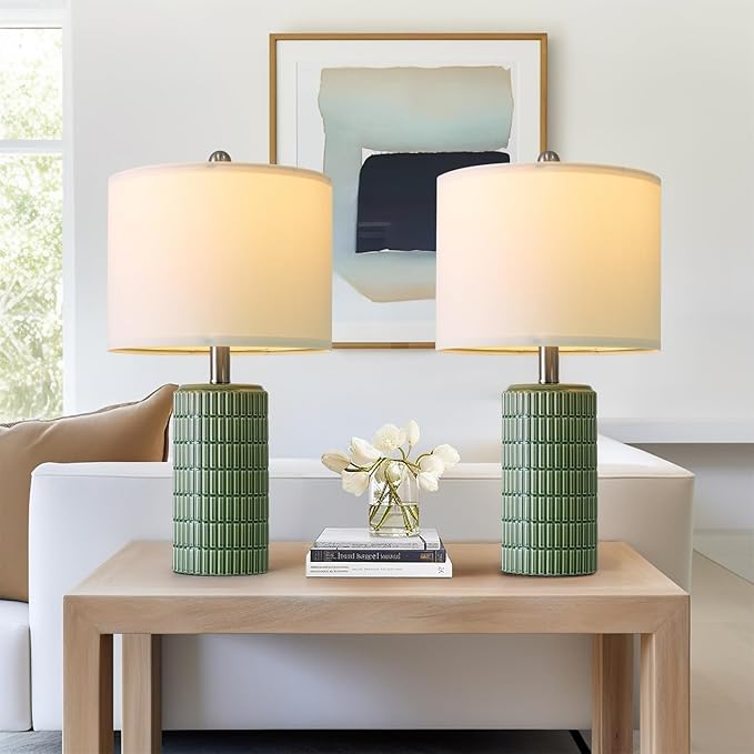 PoKat 20.75" Small Modern Ceramic Table Lamps Set of 2 for Bedroom, Green Bedside Lamps for Night Stands, Farmhouse House Decor Nightstand Table Lamps for Living Room End Table Green