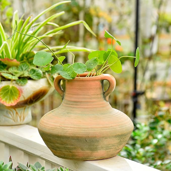 Sungmor Rustic Ceramic Flower Vase with Handles, Decorative Pottery Vase 7 Inch Terracotta Plant Pots, Cement Textured Vases Home Decor, Indoor Fresh Flowers Planter, Dried Flower Arrangements