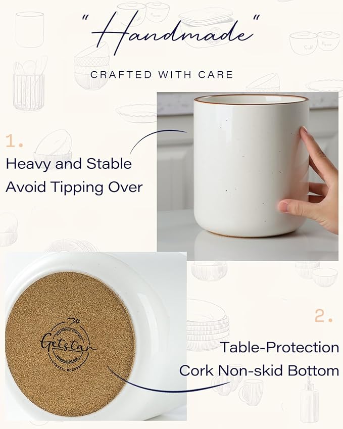 getstar Kitchen Utensil Holder, Large Ceramic Cooking Utensil Holder (H7.2” x W6.2”) for Kitchen Counter with Cork Mat at Bottom, Farmhouse Decor