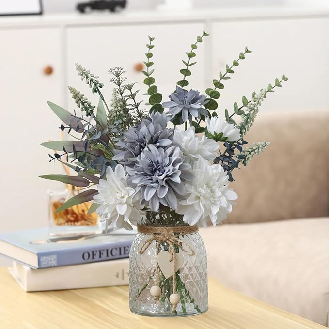 Leftover Fake Flowers with Vase,Silk Dahlia Flowers,Artificial Flowers in Vase,Centerpiece Table Decorations,Flower Centerpieces for Tables,Kitchen Table Decor,Coffee Table Decor
