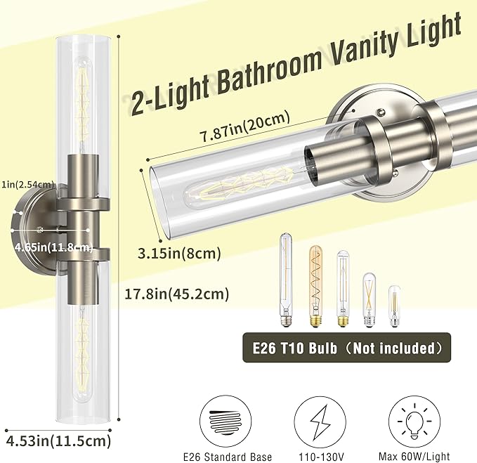 Espird Bathroom Light Fixtures 2-Light Brushed Nickle, Bathroom Vanity Lights Over Mirror, Wall Sconces, Industrial Lighting, Modern Brushed Nickle Vanity Lighting Fixtures w/Glass Shades