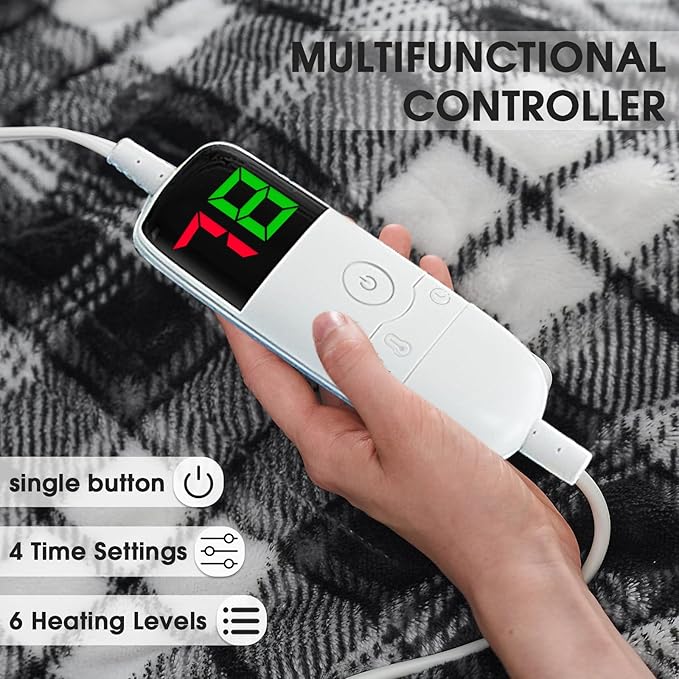 Black Electric Heated Blanket King Size, 90X100 Black Blanket with Dual Control&10 Heats Levels&Timer for Bed,Large Plaid Sherpa Heating Blankets Warmer Gifts for Grandma Women Adults,Washable, ETL