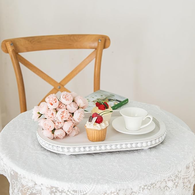 HPC Decor 15in Oval Wooden Tray - White Beaded Serving Tray, Rustic Farmhouse Vintage Centerpiece, Kitchen & Living Room Decor