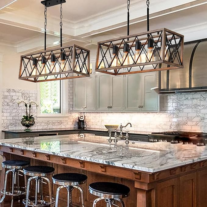 Farmhouse Light Fixtures,5-Light Dining Room Light Fixture,Height Adjustable, Industrial Metal Kitchen Pendant Lighting Over Island, Chandelier for Dining Table Kitchen Sink, Wood Grain Finish.