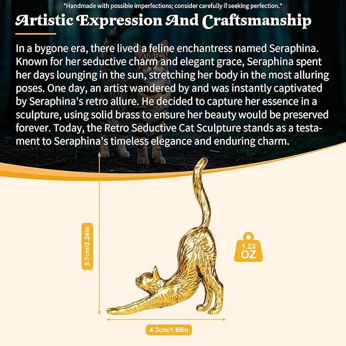 CHOVY Retro Seductive Cat Sculpture-Elegant Stretched Pose 100% Solid Brass Handcrafted - Ideal Home Decor Desk Ornament Collectible Art Piece Office Accent Artistic Scene Decoration