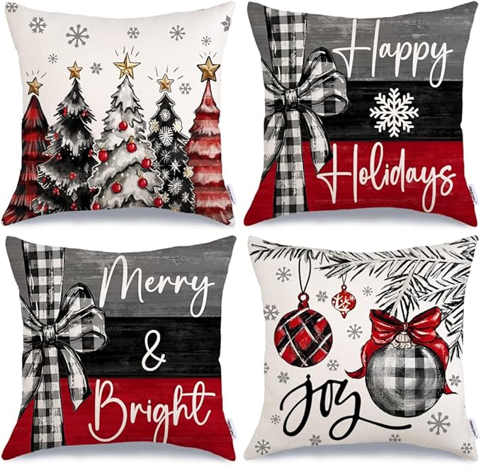 GEEORY Christmas Throw Pillow Covers 20 x 20 Inch Set of 4, Xmas Trees Merry and Bright Happy Holidays Farmhouse Decorative Cushion Cases for Home Decoration G418N-20