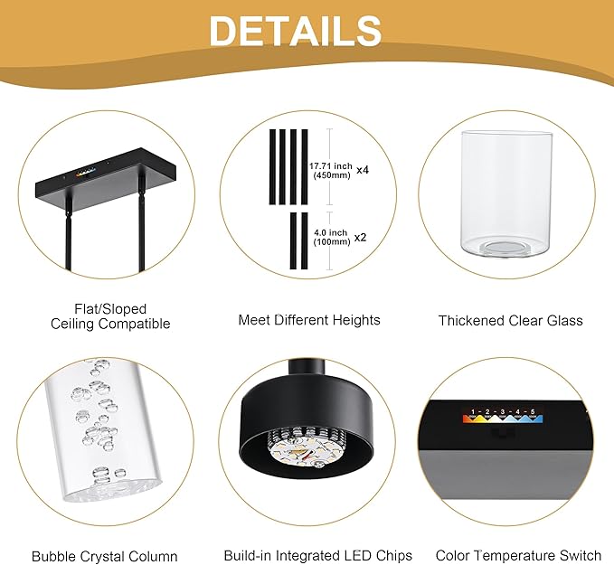 6-Lights 5CCT LED Black Kitchen Island Light LED Integrated Bulbs Included, Modern Linear Pendant Light Fixtures Hanging with Bubble Crystal LED & Clear Glass Shade