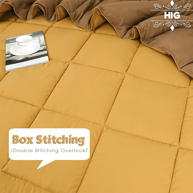 HIG 3-Piece Mustard Yellow Reversible Down Alternative Comforter Set Queen - Baffle Box Stitched Design - 4 Built-in Corner - Lightweight & Easy Fit - Premium Poly Filling - Fluffy, Warm, Soft