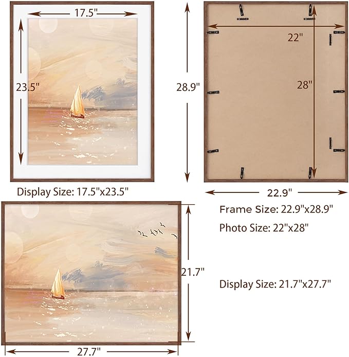 Oak Wood Picture Frame 22x28, 22 x 28 Poster Frame for Wall, 22"x28" Wood Frames Photo Frames in Walnut, Tempered Real Glass, 22x28 Frame with Mat for 18x24 (Walnut, 2 Pack)
