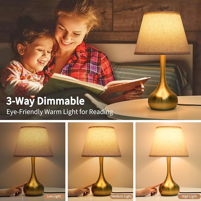 ONEWISH Touch Table Lamp for Bedroom, 3-Way Dimmable Gold Bedside Lamps for Nightstand with Fabric Shade, Desk Lamp for Kids Reading, Home Office