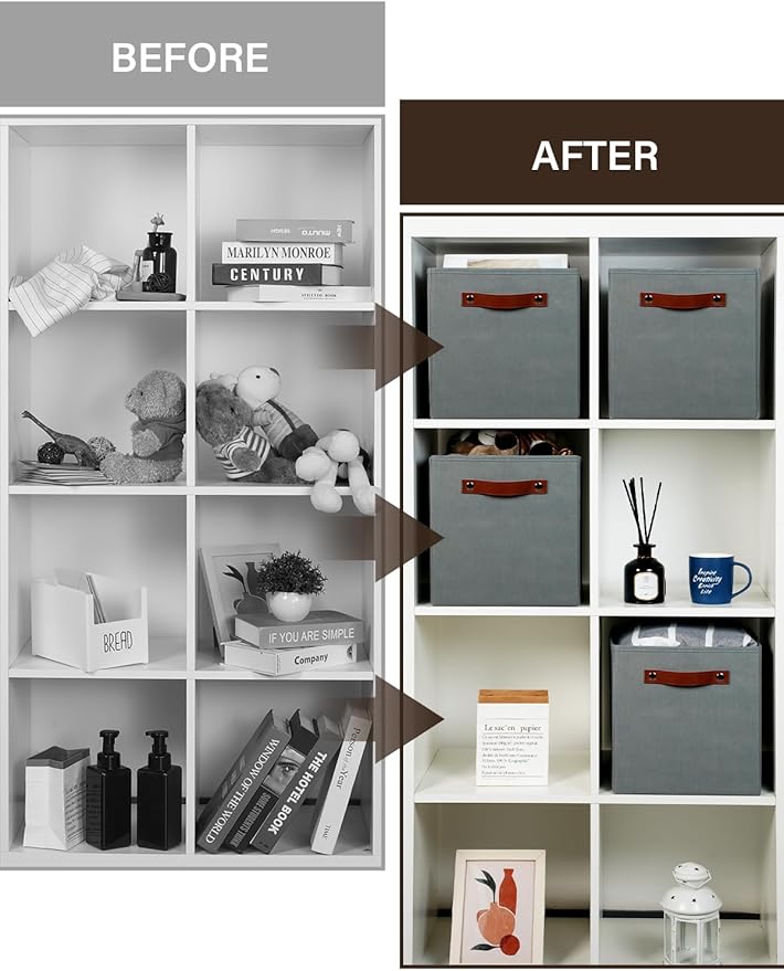 Temary 11x11 Storage Cubes Fabric Cube Storage Bins with Handles Clothes Storage Boxes Baskets for Organizing Home, Shelf, Closet (Grey, 11 x 11 x 11)