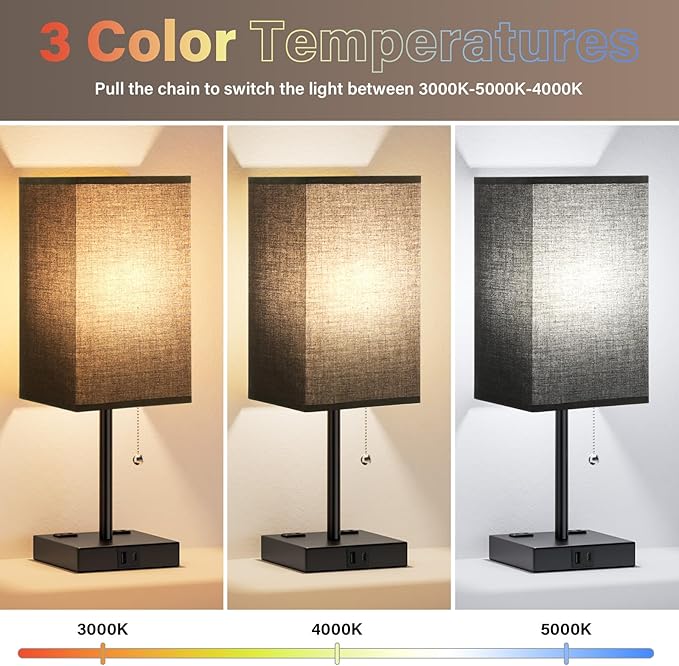 Balck Table Lamps for Bedroom Set of 2 Nightstand - 17.4In Tall, 3 Color Bedside Lamps with AC Outlets and USB A & C for Charging, Square Night Stand light, End Table Lamp for Living Room/Dorm/Office