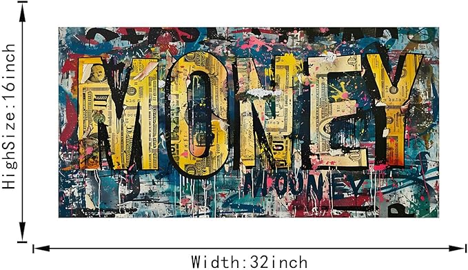 Inspirational Graffiti Money Wall Art Motivational Framed Office Artwork Dollar Bill Canvas Art Ready to Hang-32x16 inch