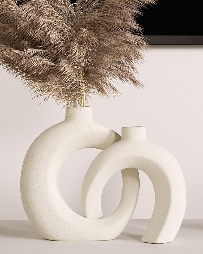 Beige Donut Vases for Decor, Set of 2 Modern Boho Decorative Ceramic Vase 7.2”x 8.9”H - Dining & Coffee Table Centerpiece - Bookshelf Entryway Console Fireplace Mantle Decorations (Matte Cream White)