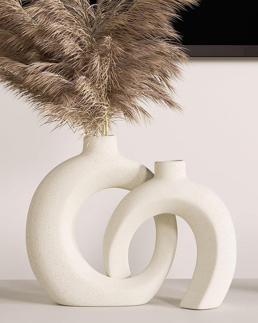 Beige Donut Vases for Decor, Set of 2 Modern Boho Decorative Ceramic Vase 7.2”x 8.9”H - Dining & Coffee Table Centerpiece - Bookshelf Entryway Console Fireplace Mantle Decorations (Matte Cream White)