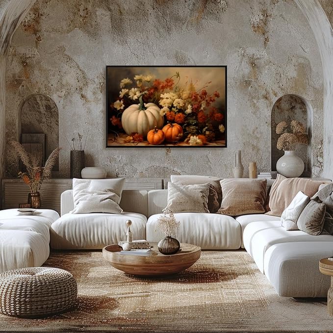Fall Canvas Wall Art Rustic Pumpkin Posters Fall Pictures Print Dark Cottagecore Thanksgiving Wall Decor for Home Living Room 8x12inch black framed