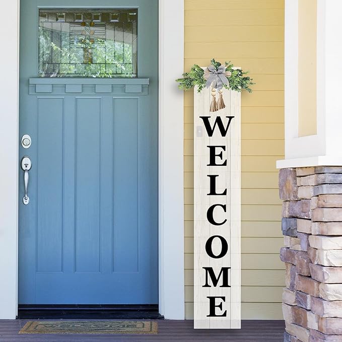 Outdoor Welcome Sign for Front Door Standing 47"X8" Large Farmhouse Wood Framed Tall Leaner Vertical Decor Rustic Home Outside Welcome Sign for Front Porch Decoration (White)