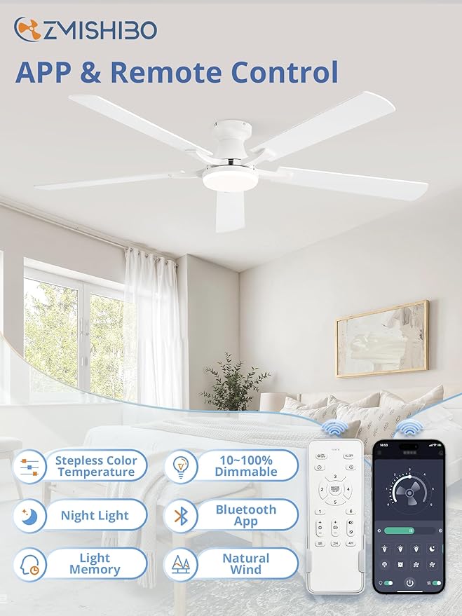 ZMISHIBO 60 Inch Ceiling Fan with Light, App&Remote Control, Flush Mount Low Profile, Dimmable 20W LED Light, Quiet Reversible Motor for Bedroom, Living Room, Apartment, White
