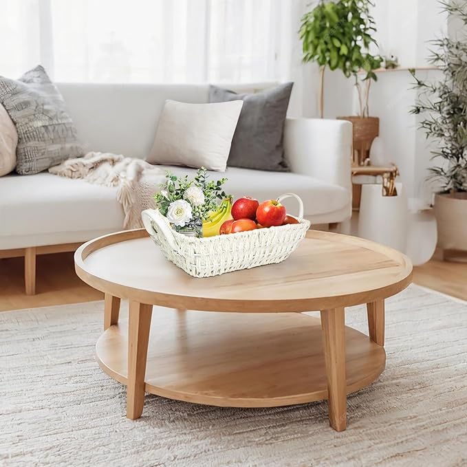 Paper Rope Woven Toilet Paper Basket, Small Wicker Storage Baskets for Organizing with Handles, Bedroom Decor Baskets Toilet Tank Shelf Storage Bins (Set of 2, White)