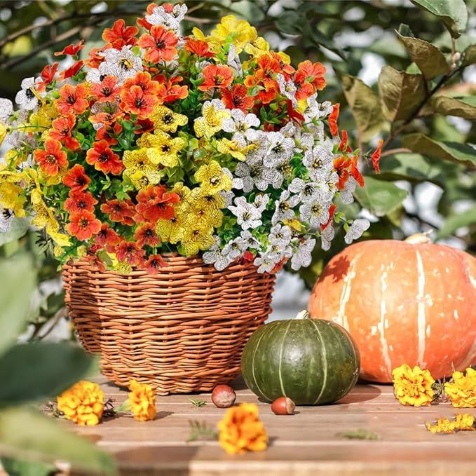 12 Pack Artificial Fall Flowers for Outdoor Orange Yellow Autumn Floral Stems Outside Faux Silk Violet Flower for Garden Porch Window Yard Wedding Thanksgiving Decoration Table Fireplace Decor