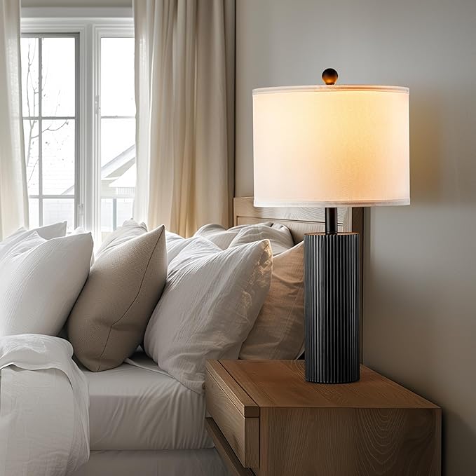 24.5" Black Lamps Set of 2, Modern Table Lamps for Living Room with USB C+A Ports, Creative Stripe Touch Lamps for Nightstand, 2 Bulbs Included