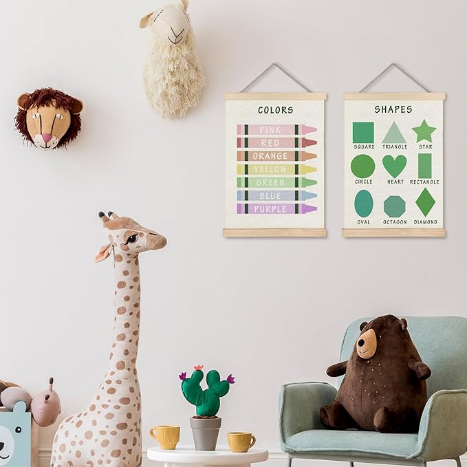 Supwhd Shapes Colors Posters for Classroom Wall, Shapes Colors Learning Poster Hanger Frame Wall Decor for Classroom Nursery Kids Room Playroom Preschool Decor, 12x16 Set of 2（Green）