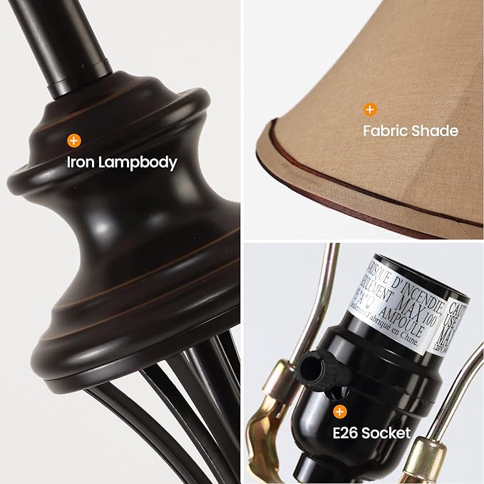 3 Pack Lamp Set (2 Table Lamps, 1 Floor Lamp), 3-Piece Vintage Style Table and Floor Lamp Set in Bronze Finish with Brown Fabric Lamp Shades, 26" and 61"(H), Solid Iron