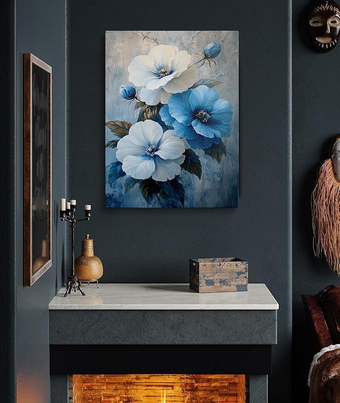 Blue and White Floral Picture Wall Decor Framed Botanical Plant Rustic Flower Canvas Wall Art Modern Pop Prints Poster Western Country Farmhouse Painting for Bathroom Living Room Bedroom (12"x16")