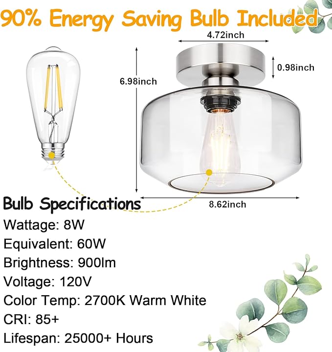 Industrial Semi Flush Mount Ceiling Light Brushed Nickel, 800 Lumen LED Bulb Included, Clear Glass Shade Ceiling Light Fixture, Farmhouse Light Fixture for Hallway Corridor Kitchen Bathroom Bedroom