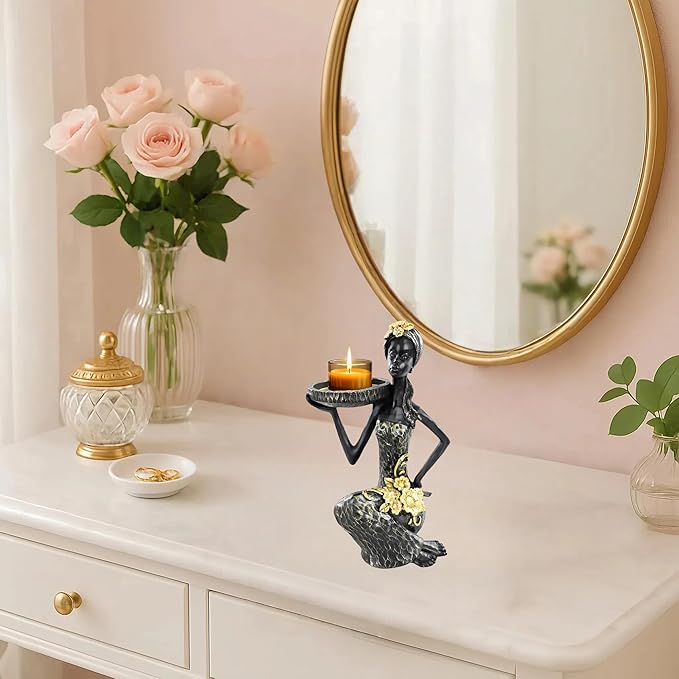 African Lady Figurine Candle Holder with African Tribal Totem for Wedding,Church,Holiday Decor-African Decorative Women Statues, Candlestick Holder for Home and Table Decor(405-Black)