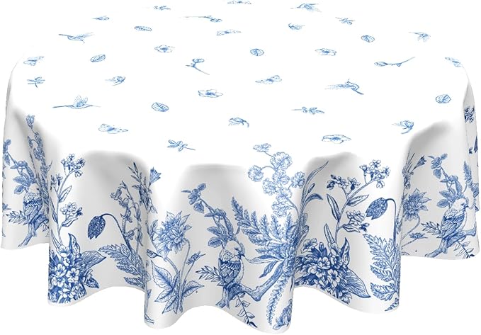 Spring Tablecloth 60 Inch Round Chinoiserie Floral Tablecloths Rustic Vintage Flower Tablecloths Blue Floral Bird Table Cloth Table Cover Spring Decoration for Home Holiday Party Kitchen Dining Picnic