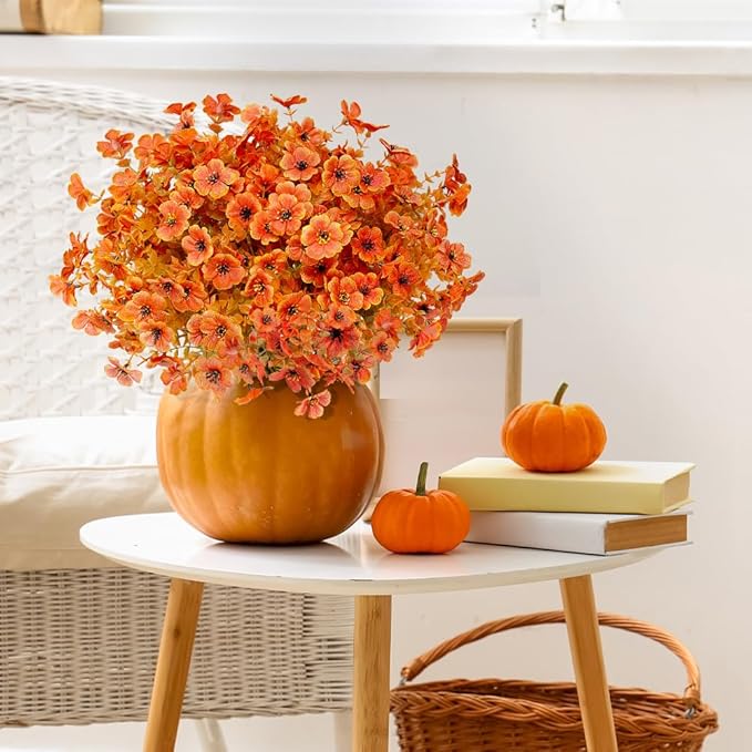 12 Pack Artificial Fall Flowers Orange Autumn Indoor Outdoor Floral Stems Faux Silk Violet Flower for Home Garden Porch Window Yard Wedding Thanksgiving Decoration Table Centerpiece Decor