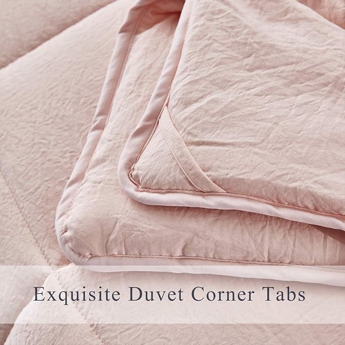 HIG 3pc Prewashed All Season Down Alternative Comforter Duvet Insert -Quilted Comforter with Corner Tabs -Box Stitched -250GSM Fiberfill Chic Farmhouse Style Bedding(Queen,Peach Pink)