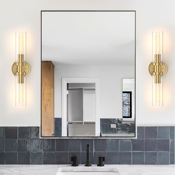 Espird Bathroom Light Fixtures 2-Light Gold, Bathroom Vanity Lights Over Mirror, Wall Sconces, Industrial Lighting, Modern Brushed Gold Vanity Lighting Fixtures w/Glass Shades