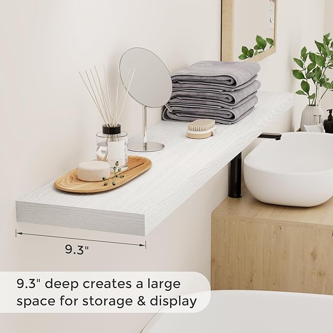 Fun Memories Floating Shelves 55 Inch Set of 2, White 55 x 9.3 Wall Shelves for Home Decor Storage, Rustic Wood Floating Shelf for Wall, 9.3 Inch Deep Shelving for Bathroom, Living Room, Kitchen