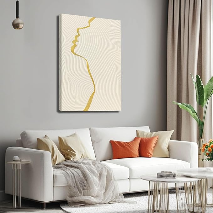 CHUDANHAO Gold Line Wall Pictures Minimalist Home Decor Neutral Canvas Paintings 24"x36" Wall Art for Dining Room Area Living Room Decorations
